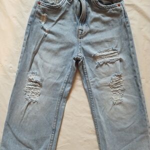 ZARA GIRLS CROPPED STRAIGHT ANKLE WIDE LEG MEDIUM WASH RIPPED DENIM JEANS SZ 6